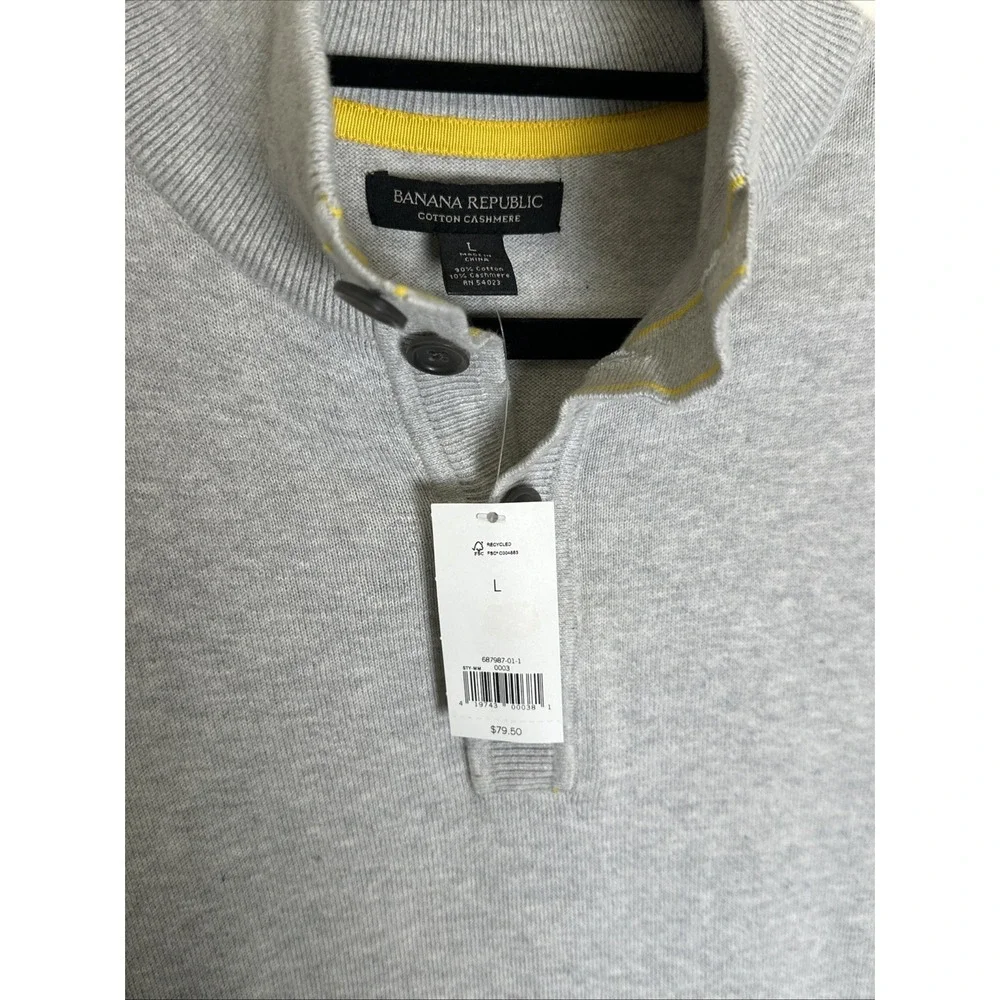 Banana Republic Cotton Cashmere Gray Knit Quarter Button‎ MockNeck Sweater L NWT